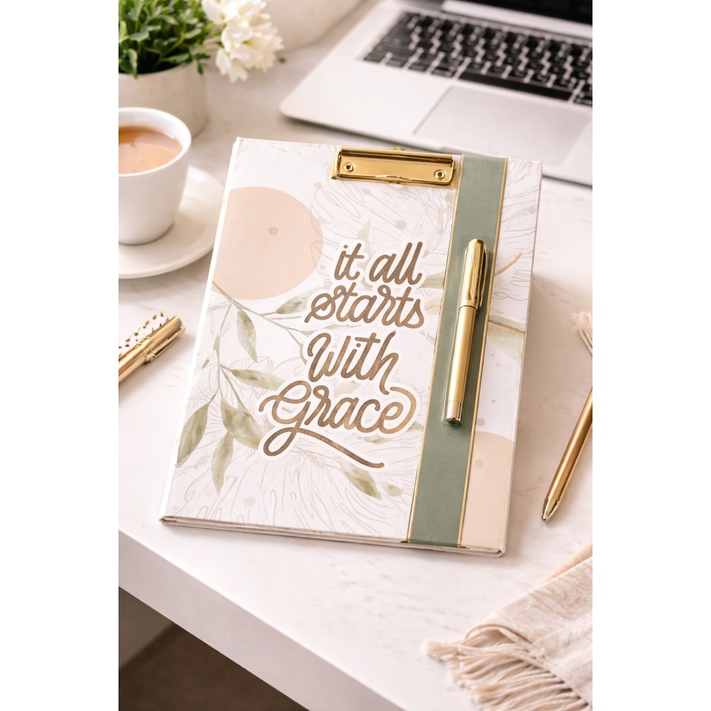 Paper Studio Clipboard Folio Notepad Pen Set Floral "It Starts With Grace" New